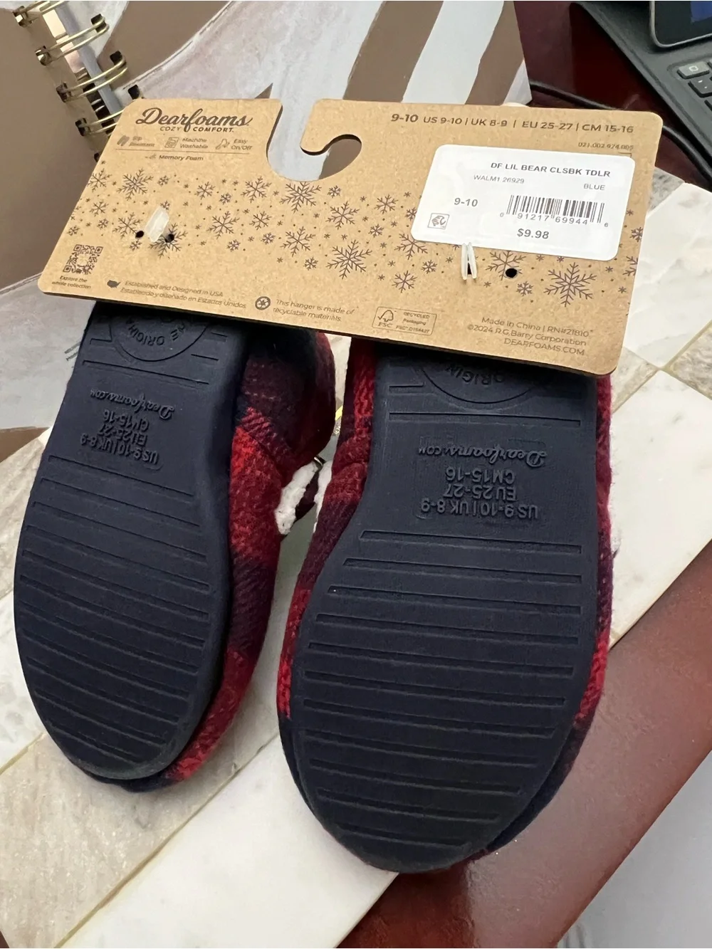 dearfoams Lil Bear Red and Black Plaid Memory Foam Slippers - Kids